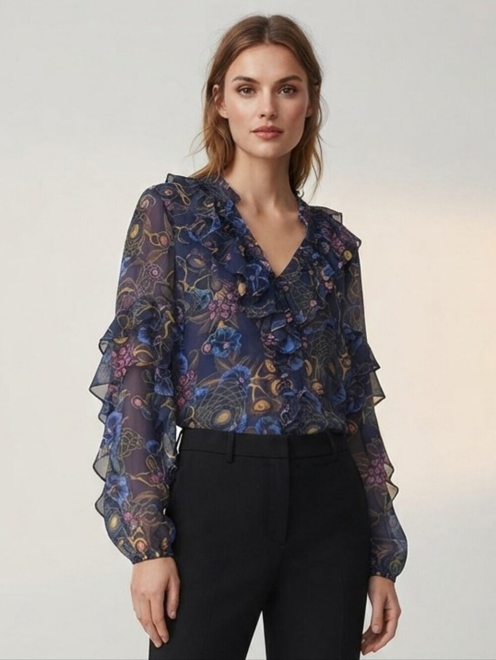 Ted Baker London Navy Floral Ruffle Long-Sleeve Blouse